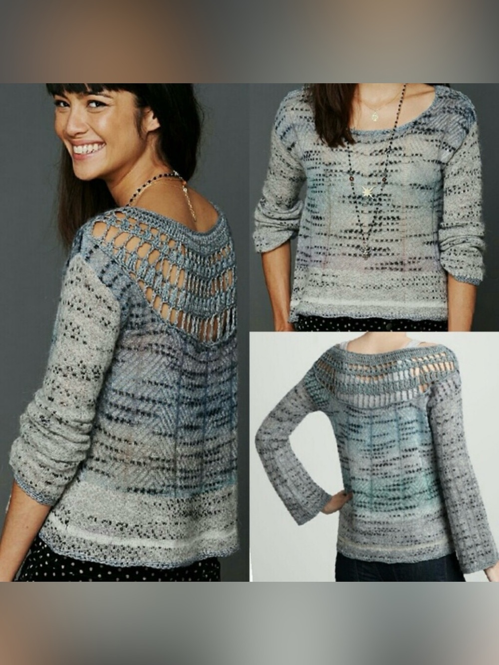 Free People Blue Moon Crochet Knit Sweater Mohair Blend Bohemian Artsier Small